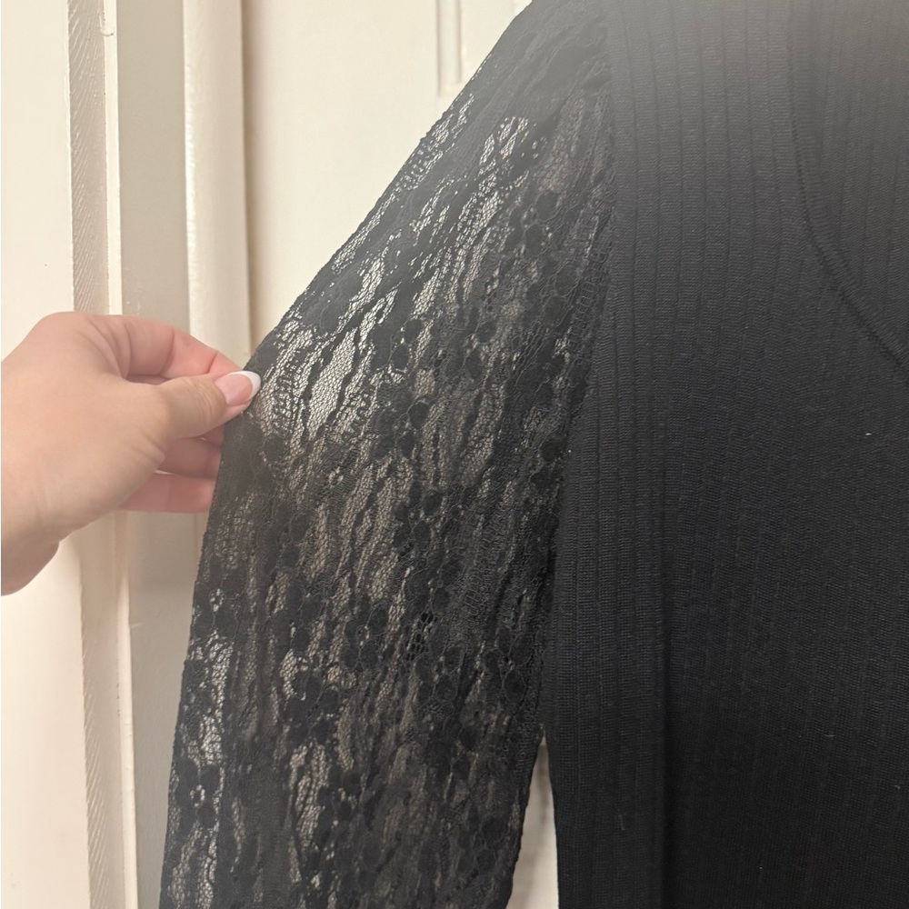Absolutely Famous Black Ribbed Top with Lace Insets